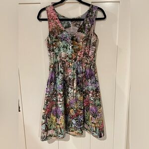 Whimsical Garden Romance Dolls & Dames Garden Scenic Print Dress USA Size Small